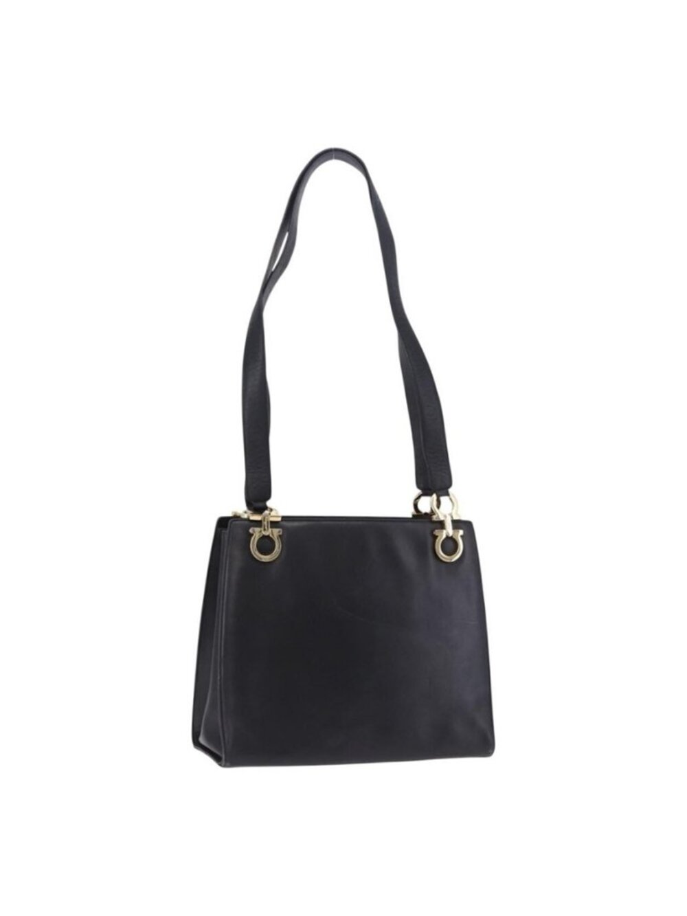 Authentic Salvatore Ferragamo Gancini Shoulder Bag Leather Black Gold